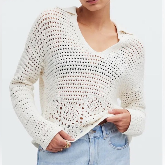 Madewell Sweaters - Madewell Crochet Polo Eyelet Long sleeve Open Knit Loose Knit Sweater